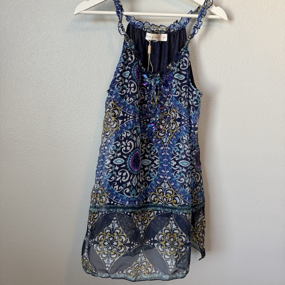 Urban Mangoz Women's Medium Blue Kaleidoscope Pattern Jewel Embellish Tank Top